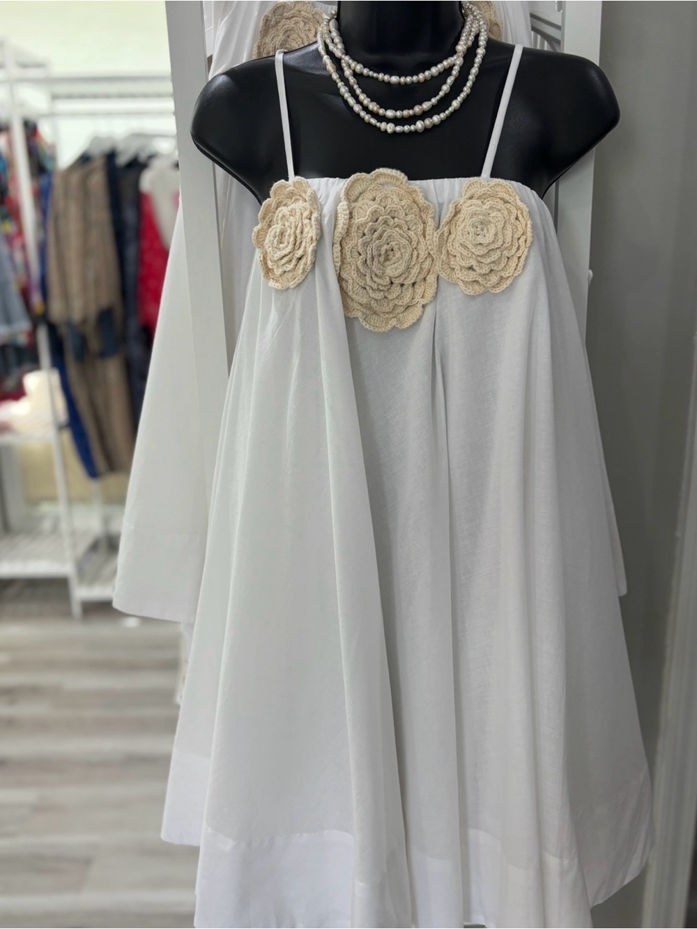 Pitusa White Swing Dress with Cream Crochet Flowers